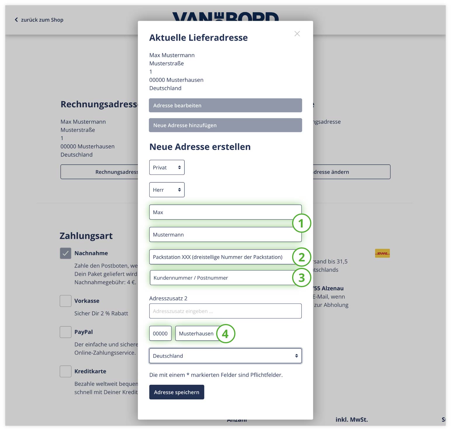 Lieferadesse an DHL Packstation korrekt eintragen